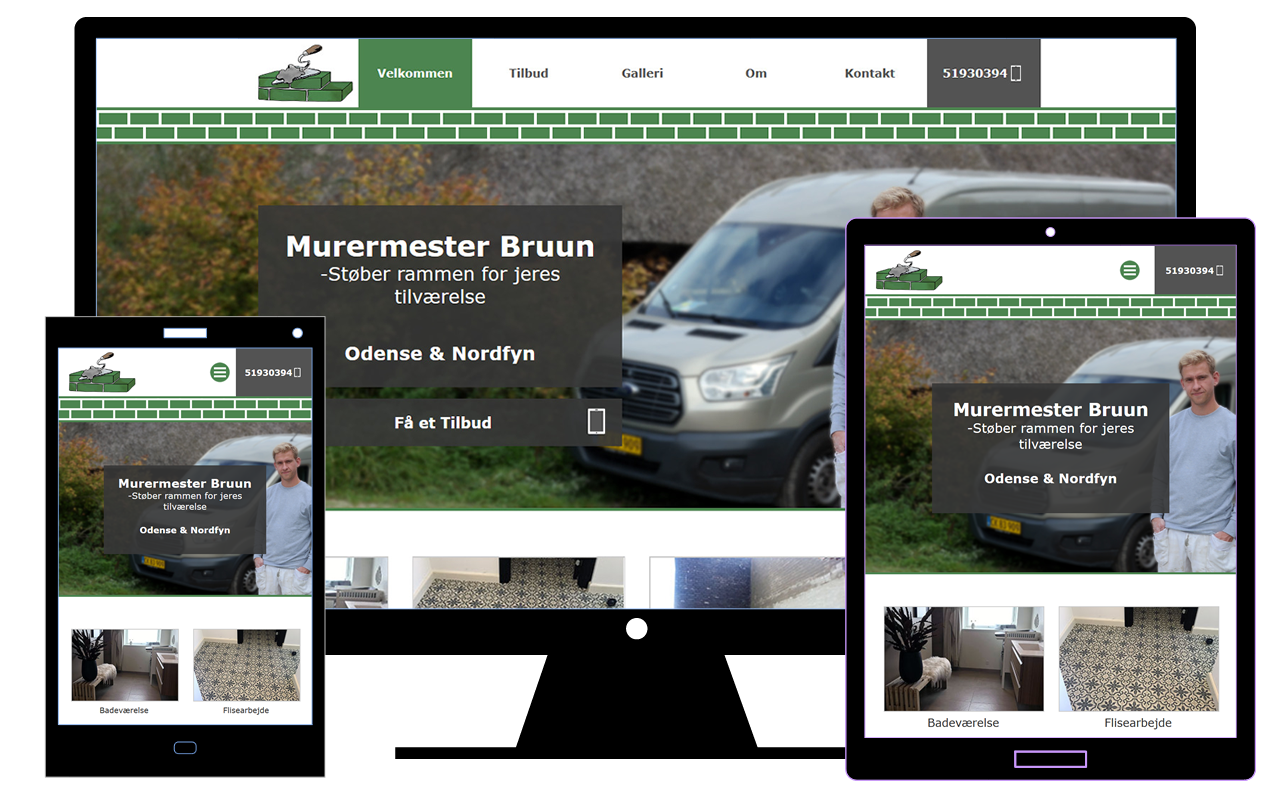 Erhvervshjemmesiden til murermester Bruun vist på PC, tablet og mobil.